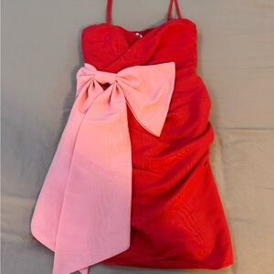 Strapless Red Dress with Pink Bow Accent